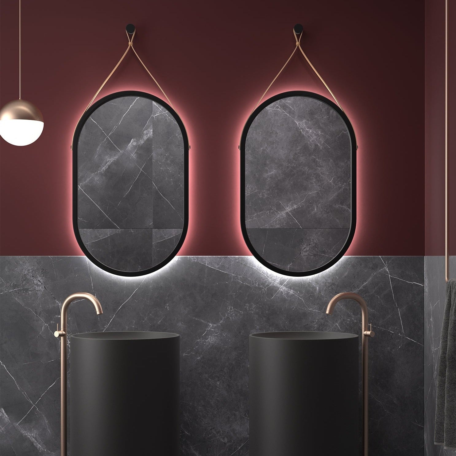 Espejo de baño Led redondo con marco en NEGRO MATE Y CORREA NEGRA